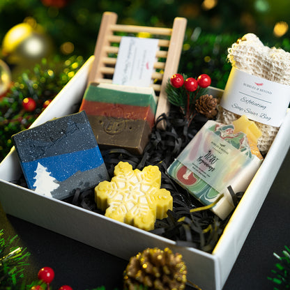 luxury christmas gift box with handmade soap, wooden soap dish, sisal exfoliating soap bag