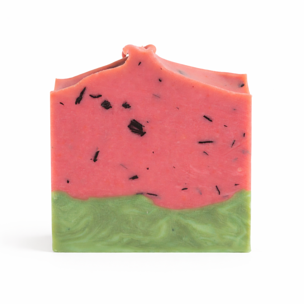 Bar of soap with watermelon design on a white background