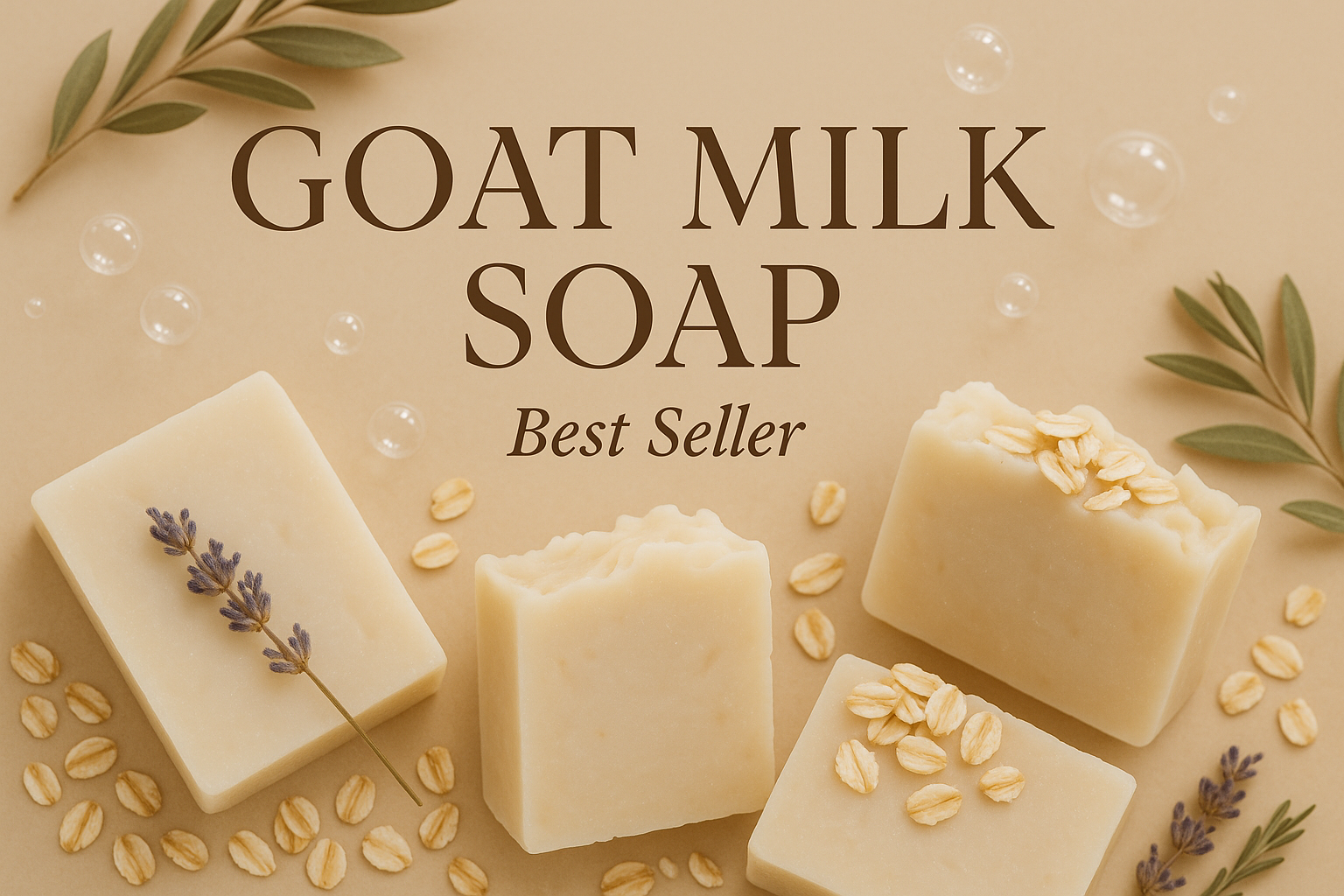 Promotional banner for GOAT MILK soap featuring elegant typography and natural, organic aesthetic